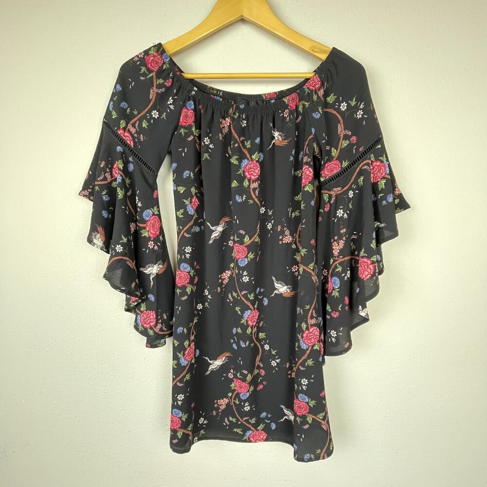 Wishful Mini Dress Size‎ S – Black Floral Bell Sleeves, Whimsigoth Witchy Style